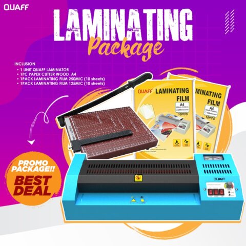 (Promo Package) A4/A3 QUAFF Laminator + Paper Cutter A4 Wood + A4 Laminating film 125/250mic (10pcs)